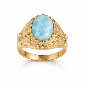 Anillo de declaración ovalado de larimar natural con engaste de latón, hecho a mano, estilo vintage, para mujer, al por mayor - Product Image 1