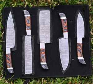 Juego de Cuchillos de Chef de 5 Piezas de Acero de Damasco Hechos a Mano con Funda de Cuero, Cuchillos de Cocina de Alta Calidad de Acero de Damasco con Funda de Cuero - Product Image 4
