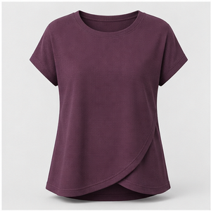 Camiseta de manga corta con cuello redondo y diseño cruzado relajado para mujer, color ciruela, WTS-0143 - Product Image 1