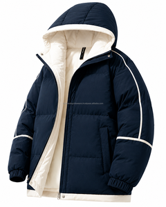 Chaqueta Acolchada con Capucha Azul Marino para Hombre, Informal de Invierno, Gruesa, Resistente al Viento, con Relleno de Poliéster, Cierre de Cremallera, Corte Holgado - Product Image 4