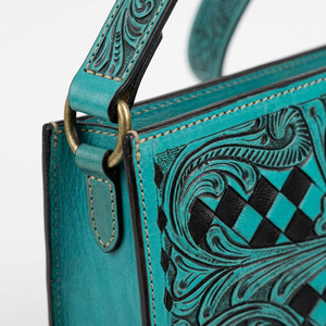 2026 Turquoise Genuine Leather Lightweight Shoulder Bag Floral Tooling Diamond Lattice Pattern Single Strap Zip Closure Bohemian - Product Image 4