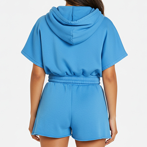 Custom Embriordery Logo Casual Wear Two Piece Hoodei & Short <b>Set</b> For Women 100% Cotton Hip Hop Style Summer Wear Tracksuit - Product Image 3