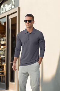 Polo de Manga Larga para Hombre, Color Sólido, Tejido de Punto, Secado Rápido, Informal, Gris, de Alta Calidad, con Logotipo Personalizado, Sudadera Polo de Poliéster - Product Image 4