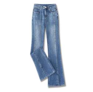 Jean en denim délavé taille haute coupe droite pour femme, style vintage décontracté, longueur intégrale, bleu clair, en coton - Product Image 2