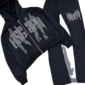 เสื้อฮู้ดดี้ทรงหลวมสไตล์วินเทจ ล้างสีแบบแอซิดวอช ปักโลโก้แบบดิสเทรสตามสั่ง (OEM) พร้อมกางเกงวอร์มทรงขาบาน ชุดแทรคสูทเนื้อหนาสำหรับผู้ชาย - Product Image 4