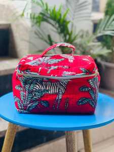 VEER HANDIRCRAFTS Red Animal Print Quilted Cotton <b>Cosmetic</b> <b>Case</b> Large Zipper Closure Vintage Style Soft Handle Water Bag - Product Image 1