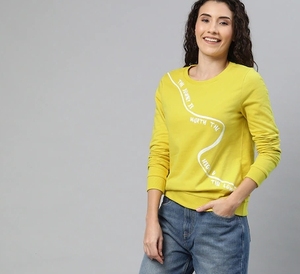 Sweat-shirt à col rond pour femme, jaune uni, manches longues, tricoté en coton respirant, vêtements d'automne - Product Image 4