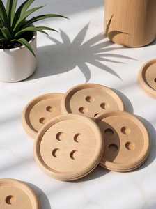 <b>Round</b> Button Shape Wooden Coasters Heat Resistant Modern Table <b>Mats</b> for Home Dining Reusable Drink Pads Dark Brown Wood Finish - Product Image 6