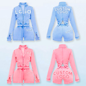 Nouvelle Tendance OEM : Ensemble 2 Pièces Femme Brodé, Veste Longue Zippée à Capuche et Short, Style Vintage Délavé à l'Acide, Logo Personnalisé - Product Image 2