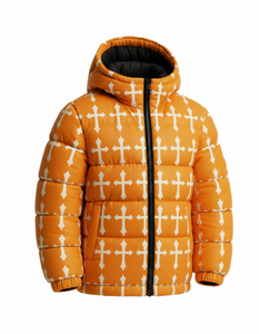 Mens Orange Solid Hooded Waterproof Breathable Eco Friendly Puffer Jacket Winter Warm <b>Bubble</b> <b>Coat</b> Streetwear Front Logo Custom - Product Image 3