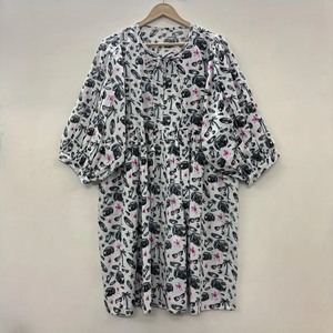 Vestido Midi Informal de Algodón Tejido para Mujer, Mangas Abullonadas, Cintura Imperio, Estilo Babydoll, 100% Algodón, Estampado Floral, Corte Holgado, Cuello en V - Product Image 1