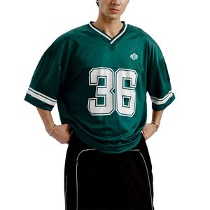 Camiseta de fútbol americano oversize verde de moda con cuello en V, manga corta, estampado de números, unisex, estilo urbano, transpirable, de malla OEM - Product Image 1