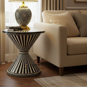 โต๊ะข้างเตียงทรงกลมลายก้างปลาสีดำทันสมัย ตกแต่งด้วยกระดูกฝังลายสวยงาม เป็นมิตรกับสิ่งแวดล้อม พร้อมลิ้นชัก 2 ช่อง เหมาะสำหรับห้องนอน - Product Image 3