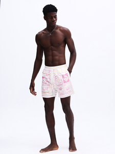 Shorts de Playa para Hombre, Blancos con Estampado Rosa, Cintura Media con Cordón, Secado Rápido, Tejido de Poliéster, Cortos, con Patrón - Product Image 6