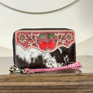 Western Style Cherry <b>Tooled</b> <b>Leather</b> Wallet Clutch Genuine Cowhide <b>Leather</b> Zipper Around Wristlet Clutch Purse Ladies Organizer - Product Image 1