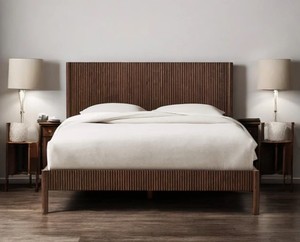 Minimalist <b>King</b> <b>Bed</b> Frame Wood Fluted Design Handmade Solid Wood Bedstead Natural Finish Ftuted <b>Headboard</b> - Product Image 2