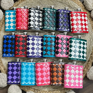 Wholesale Customized Hand Tooled Genuine Leather Stainless Steel Hip Flasks Colorful Checkered Cover Portable Liquor <b>Cooler</b> Bags - Product Image 5