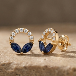 Pendientes de Aro Abierto Azul Intenso con Diamantes Cultivados en Laboratorio con Corte Marquesa, Chapados en Oro, Modernos para Bodas y Uso Diario - Product Image 4