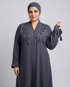 Women Brown Embroidered Abaya <b>Long</b> Sleeve Floor Length Modest <b>Dress</b> V Neck Plus Size Middle East Style Daily Wear - Product Image 3
