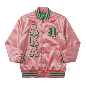 Chaqueta Bomber de Satén con Logotipo Bordado Personalizado AKA, Letras Griegas en Rosa y Verde, 100% Poliéster, para Mujer - Product Image 1