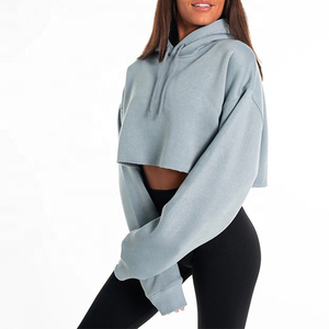 Sweat-shirt à capuche court pour femme, bleu clair, coupe oversize, épaules tombantes, en molleton, couleur unie, décontracté, manches longues, pour l'automne - Product Image 3