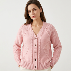 Cárdigan de punto rosa con cuello en V para mujer, manga larga, cierre de botones, estilo casual para otoño, 100% acrílico, grosor estándar, Bangladesh Front - Product Image 5