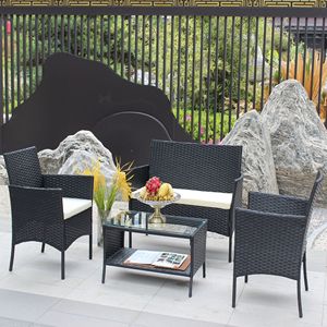 Juego de Muebles de Patio de Ratán Beige de 4 Piezas con Asientos Acolchados, Sofá de Mimbre para Exteriores con Cojines - Product Image 4