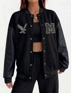 Wholesale <b>Womens</b> Varsity Jacket Oversized Streetwear Cotton <b>Fleece</b> Custom Patches for Retail Brands Bulk - Product Image 5
