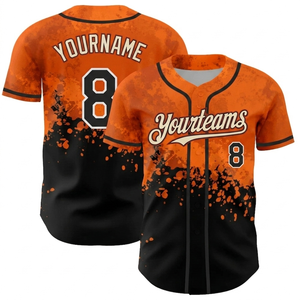 Camiseta de béisbol sublimada personalizada en naranja y negro para hombre, uniforme de equipo con botones, transpirable, de secado rápido, para entrenamiento deportivo. - Product Image 1