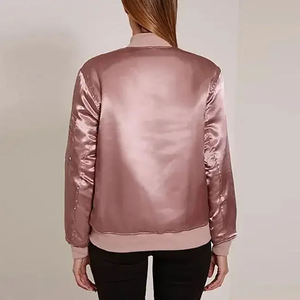 Chaqueta Bomber Rosa de Satén para Mujer, Unisex, Casual, Otoño, Cierre de un Solo Botón, Corte Regular, Color Sólido, Cuello Alto, Estilo Urbano - Product Image 2