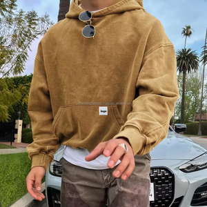 Sweat à capuche en polaire éponge recadrée sans ficelles de luxe personnalisé poids lourd 400gsm lavage à l'acide en détresse broderie de sweat à capuche pour hommes - Product Image 1