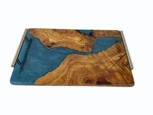 Handcrafted Acacia Wood & Blue Ocean Resin Serving Tray with Matte Black Metal Handles Large Wooden Ocean Wave Resin Art Serving - Product Image 4