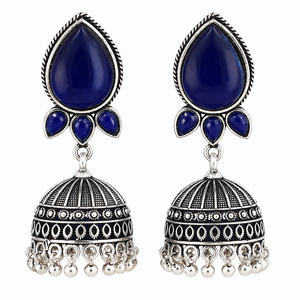 Factory Wholesale Brass Oxidized Antique <b>Silver</b> Plated Jade Bezel Set Bohemian Jhumka Drop <b>Earrings</b> Handmade Ethnic for Women - Product Image 1