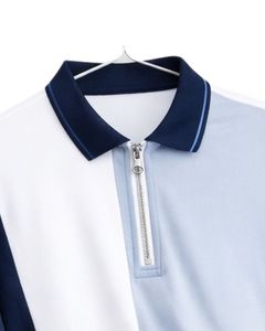 Polo de manga corta para hombre, azul marino, blanco y gris claro, con cremallera de un cuarto, estilo casual, de punto, con bloques de color, fabricado a medida. - Product Image 4