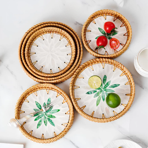 Ideal Round Rattan Mother Of Pearl Tray Neat Green Flower Art <b>Nesting</b> Tray Set For Serving Party Food Wholesale - Product Image 2