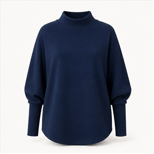 Sweat-shirt personnalisé bleu foncé pour femme, col montant, manches chauve-souris, poignets larges, ourlet incurvé, tunique WSS-0035 - Product Image 1
