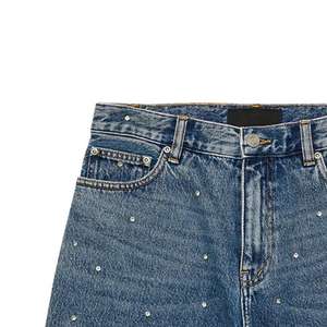 Shorts en jean bleu vintage personnalisés pour femme avec strass sur toute la surface et ourlet orné de strass, style streetwear OEM 2026 - Product Image 4