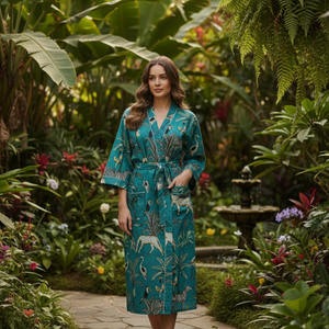 Emerald Green Jungle Print Cotton Kimono <b>Robe</b> <b>Women</b> Long Length Long Sleeves V Neck Drawstring Comfortable Nightwear - Product Image 3