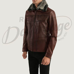 Veste en cuir marron pour homme de qualité supérieure avec col en fausse fourrure grise, coupe ajustée, vêtement d'extérieur chaud pour l'hiver, veste de motard élégante et décontractée - Product Image 1