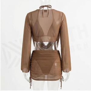 Traje de baño de gasa para mujer, cuello en V profundo, drapeado, manga larga, color liso, elástico, ropa de playa - Product Image 2