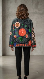 Chaqueta de Terciopelo Suzani Verde Oscuro de Diseño para Mujer, Bordada a Mano con Flores, Estilo Bohemio Étnico, Venta al Por Mayor - Product Image 2