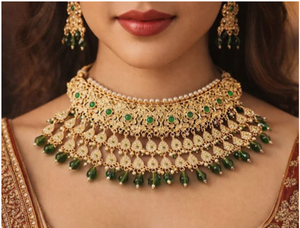 Conjunto de collar de gargantilla nupcial chapado en oro premium con piedra verde y aretes, joyería para bodas y festivales para mujeres. - Product Image 3