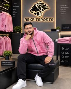 REXFIT SPORTS 2026 Sweat à capuche rose pour homme avec fermeture éclair intégrale et motif, 280-300 GSM, en molleton de coton et polyester, style streetwear, gym, décontracté - Product Image 2