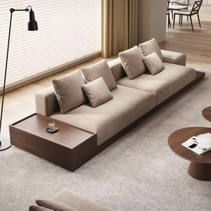 Luxurious Minimalist Low-Profile <b>Sofa</b> Featuring Integrated Wooden <b>Side</b> <b>Table</b> and Premium Fabric Upholstery - Product Image 1