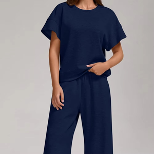 Women's Navy Blue Casual <b>Tracksuit</b> Short Sleeve Crew Neck Loose Fit Full Length Pants Elastic Waist 100% Cotton Solid Color - Product Image 6