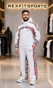 REXFIT SPORTS 2026 Ensemble de survêtement personnalisé pour homme en nylon beige, veste à capuche entièrement zippée et pantalon avec empiècements imprimés, vêtements de sport personnalisés - Product Image 3