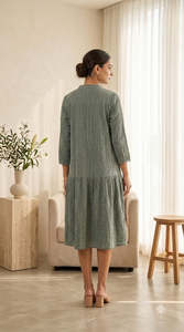 Sage Green <b>Linen</b> <b>Maxi</b> <b>Dress</b> Crew Neck Three Quarter Sleeves For Women Featuring Lightweight Fabric Modern Style Comfortable Fit - Product Image 5