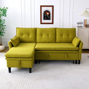 Divano Sezionale a L Reversibile con Chaise Longue e Contenitore, in Cotone Lino Verde, per Ufficio e Soggiorno - Product Image 4