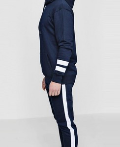 <b>Men</b> Hooded Tracksuit <b>Black</b> Full Sleeve Solid Color Casual Wear With White Stripes On Sleeves Breathable Polyester Material - Product Image 3
