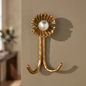 Gold Pearl Flower Wall <b>Hook</b> Metal Floral Shaped Double Coat Hanger Decorative Utility <b>Hook</b> For Entryway <b>Kitchen</b> Bathroom Decor - Product Image 6